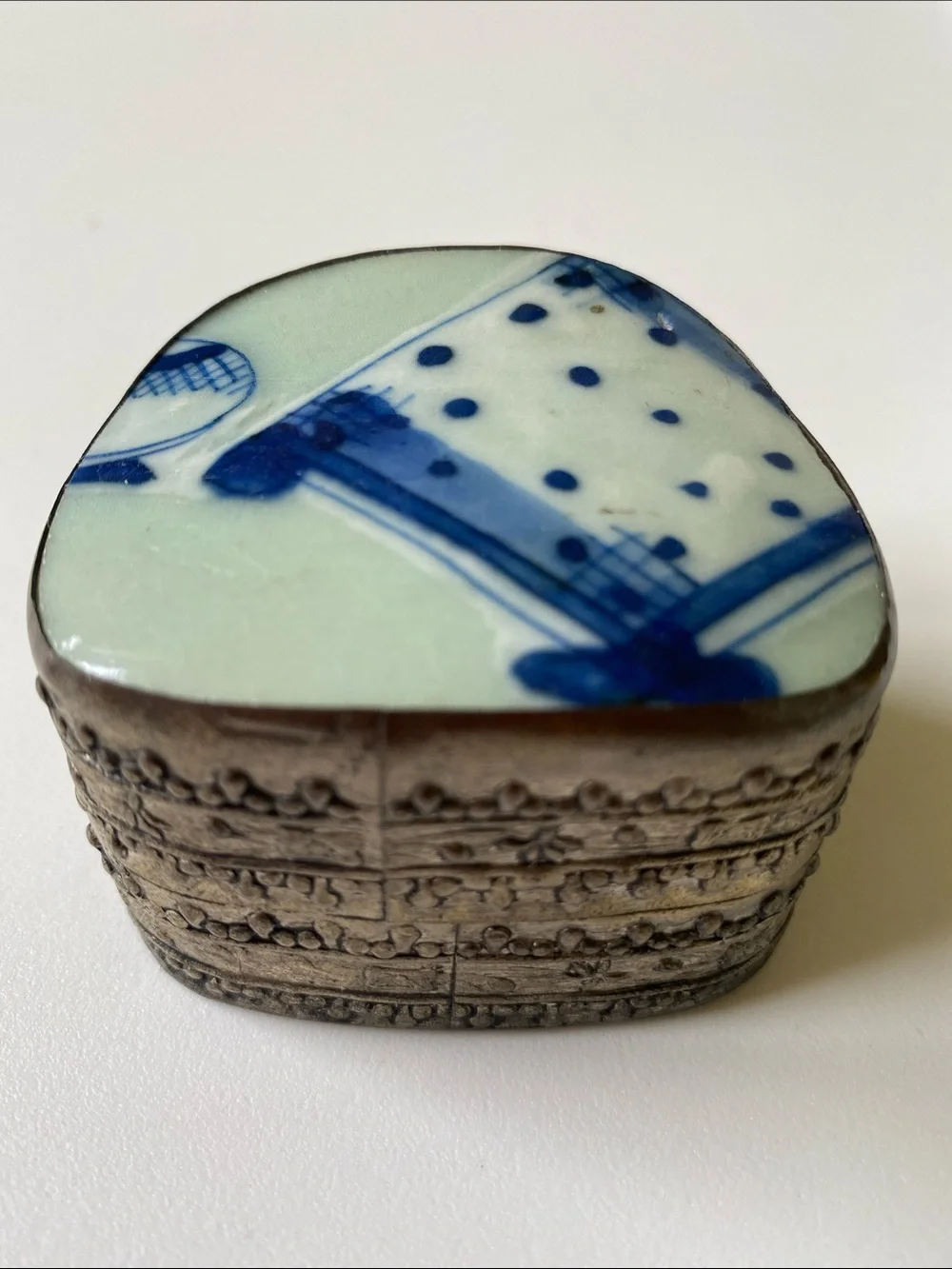 Vintage Asian Trapezoid Hand Painted Porcelain Top Silver Tone Trinket Box